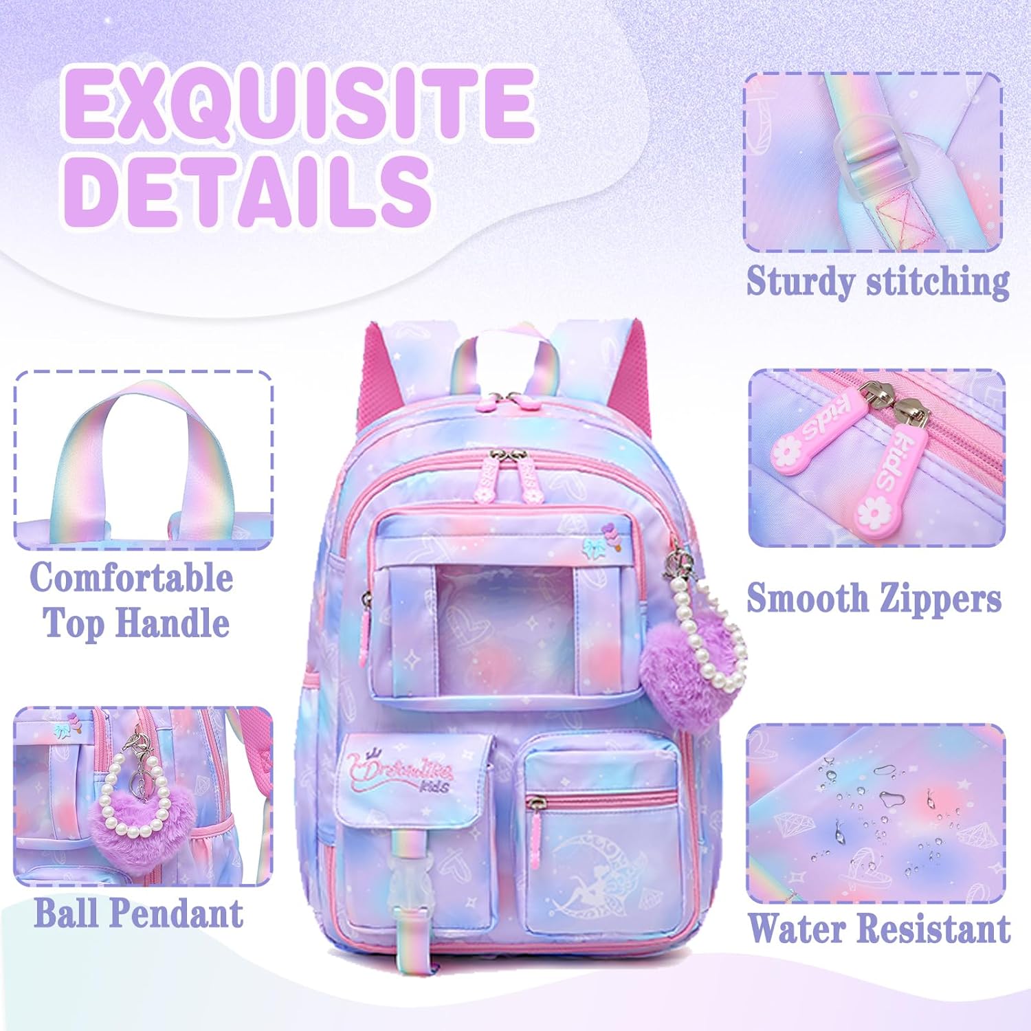Sweet Girls Backpack - Stylish Splash-resistant School Bag with Multiple Pockets & Trendy Laptop Compartment(17inch Purple) - Image 6