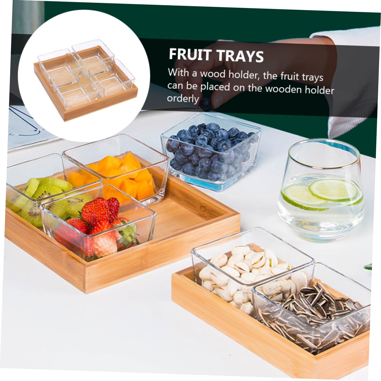 BESPORTBLE Plateau de Service Divisé Verre avec Support Bois Assiette Snack pour Fruits Secs et Noix de Compartiments sans Couvercle Plateau Apéritif Multifonction pour Maison et Fête
