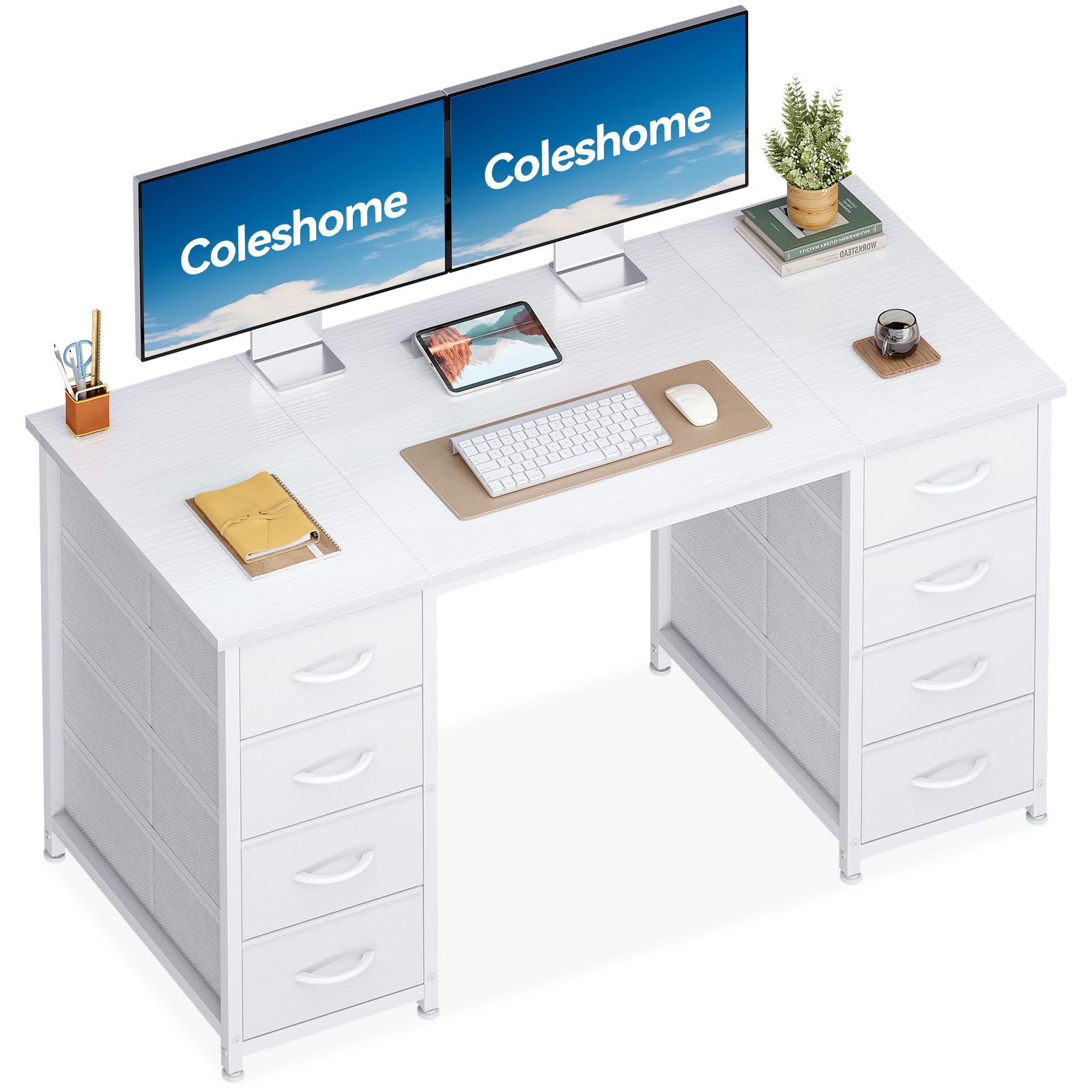 Coleshome Biurko z 8 Szufladami z Tkaniny, Solidne Biurko Komputerowe z Miejscami do Przechowywania, Biurko do Salonu i Domu (Biały, 120x48cm) | Biurko komputerowe z miejscem do przechowywania, stół biurowy, biurko do biura i domowego biura, dwustronny de