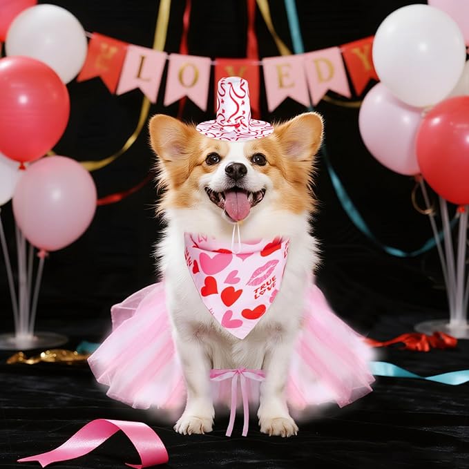 3 Piezas Disfraz Perro San Valentín Rosa con Tutú, Bufanda y Gorro miniatura 6