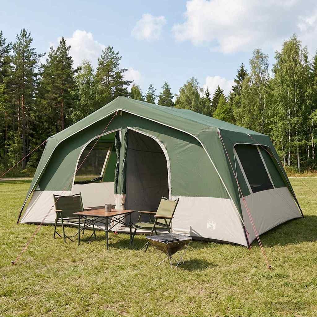 Namiot rodzinny, zielony, 530 x 312 x 230 cm, poliester 185T z powłoką PU, wodoszczelny, oddychający, zdejmowany ochraniacz przeciwdeszczowy, stelaż na kemping, wędrówki, festiwal, 16,17 m²