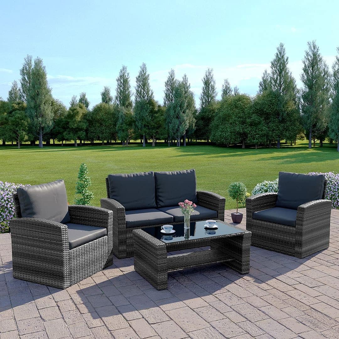 Abreo Algarve Rattan Wicker Weave Garden Furniture Patio Conservatory Sofa Set (Mixed Grey/Dark Cushions) INCLUDES OUTDOOR WATERPROOF PROTECTIVE COVER