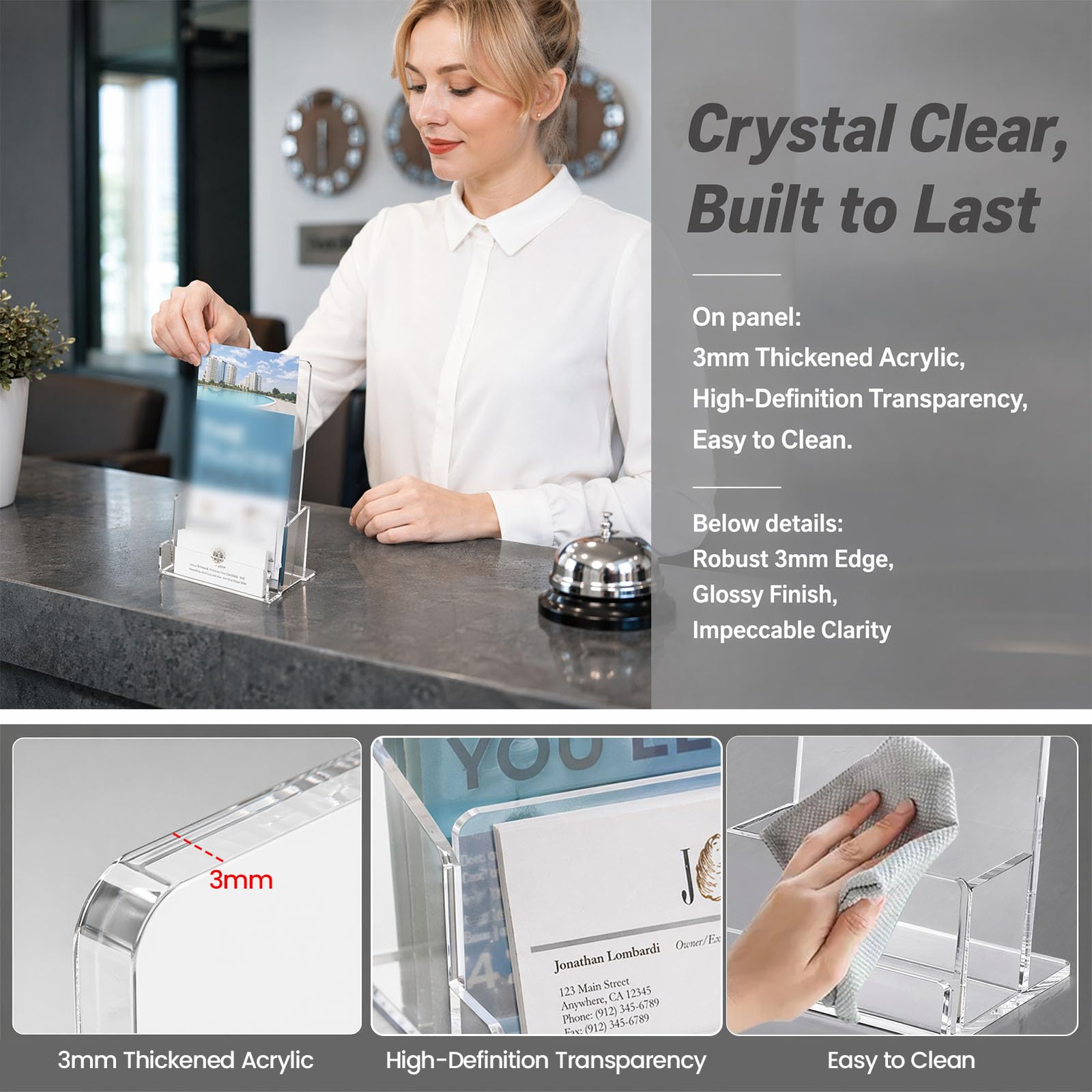 2 Pack Expositor para Folletos A6 de Metacrilato Transparente Soporte Inclinado con Porta Tarjetas de Visita Organizador de Flyers Publicidad Base Antivuelco Estable para Mesa Mostrador Negocio | Acrílico transparente con ranura para tarjetas de visita, 3