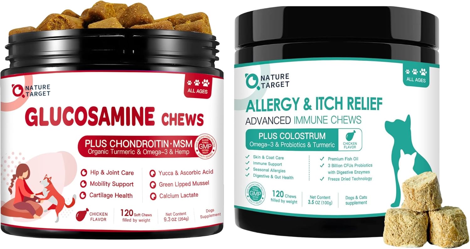 NATURE TARGET Glucosamine for Dogs, Joint Supplement for Dogs with Chondroitin, Dog Allergy Relief Freeze Dried Chews, 120 Chews