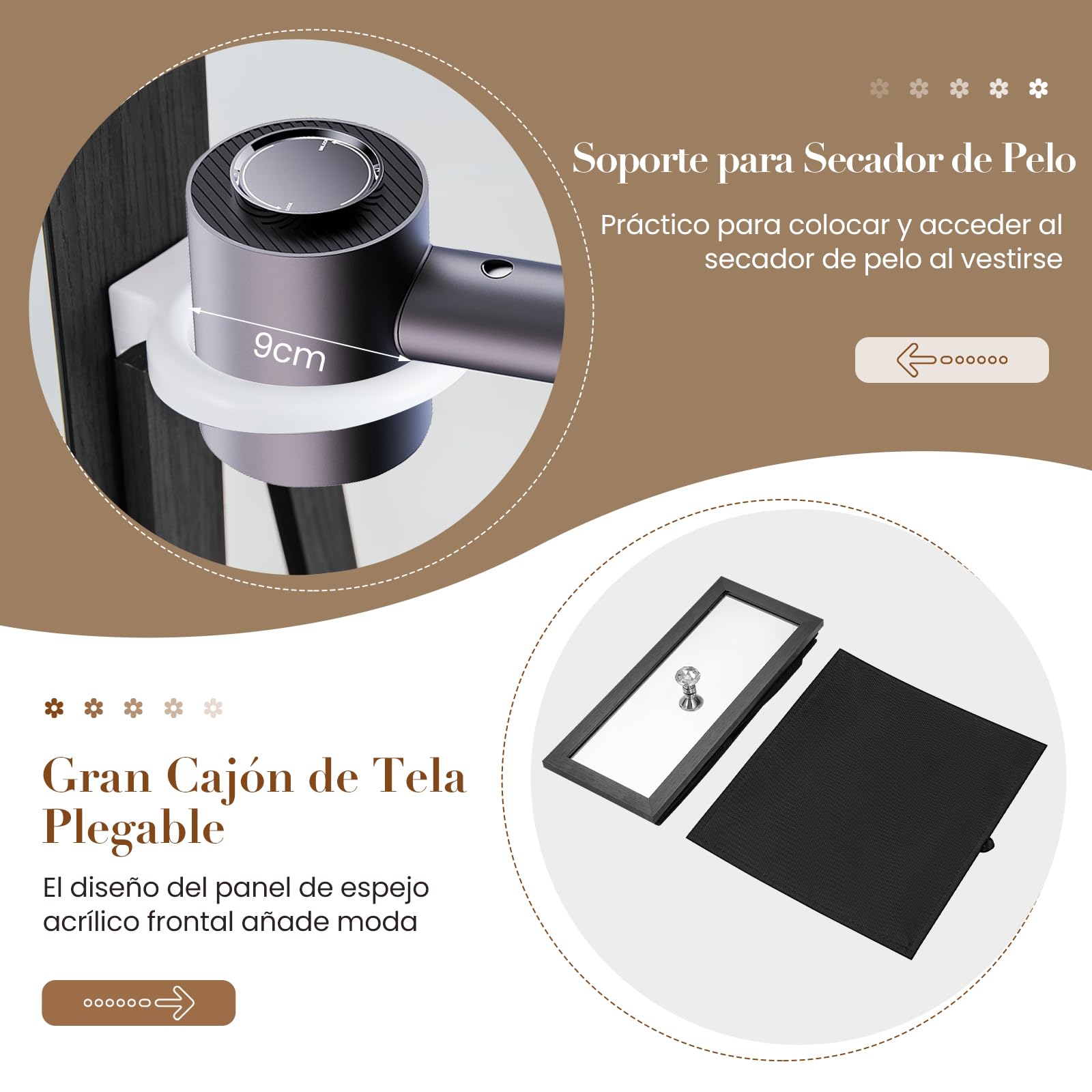 COSTWAY Armario Joyero con Luces LED, Espejo Entero Giratorio 360°, Cerradura, Estante para Secador, Negro