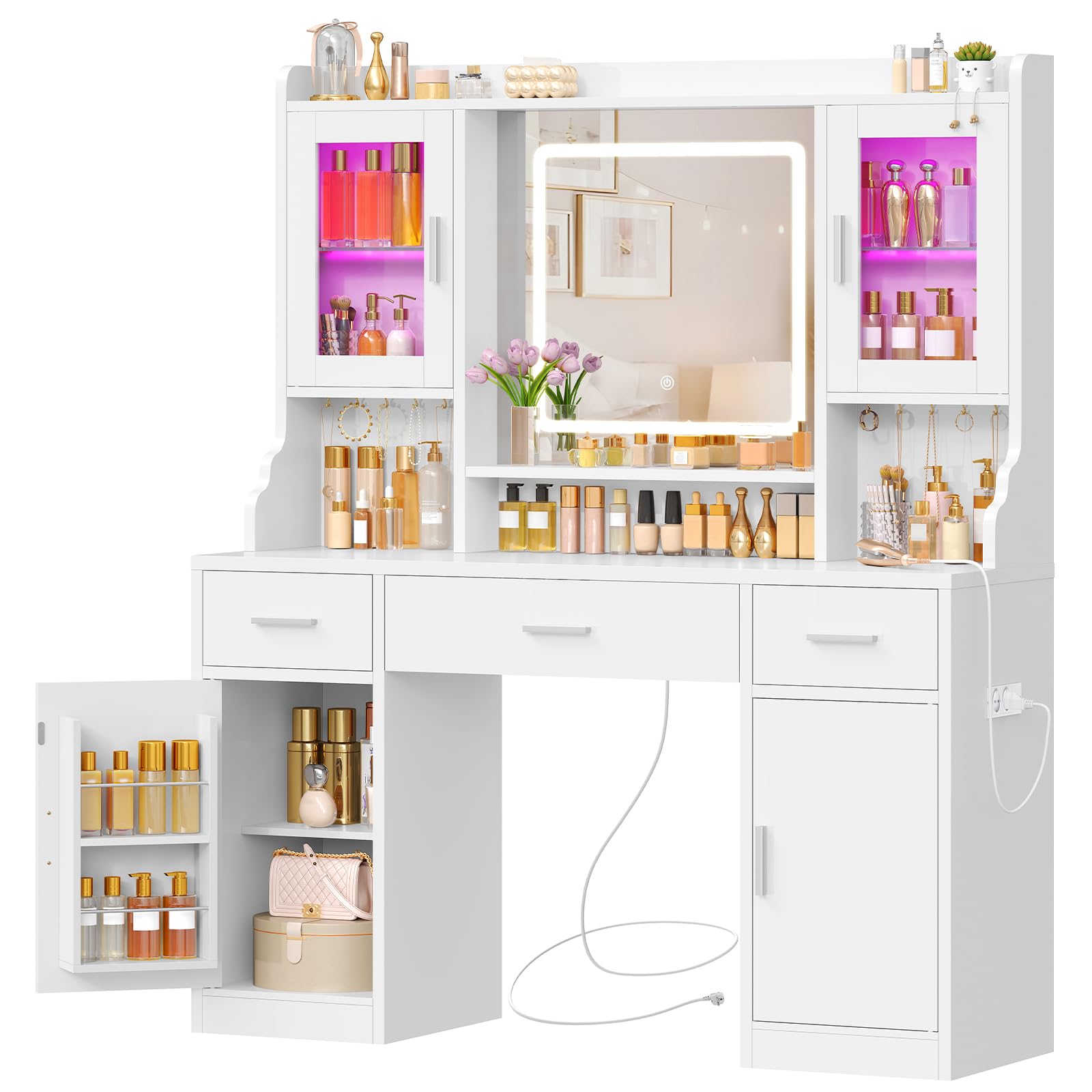 TEENFON Tocador de Maquillaje con Espejo LED y Luz RGB, Luminosidad Ajustable, 3 Cajones, 4 Puertas, 5 Ganchos para Joyas y Toma de Corriente, Moderno, Dormitorio, Blanco