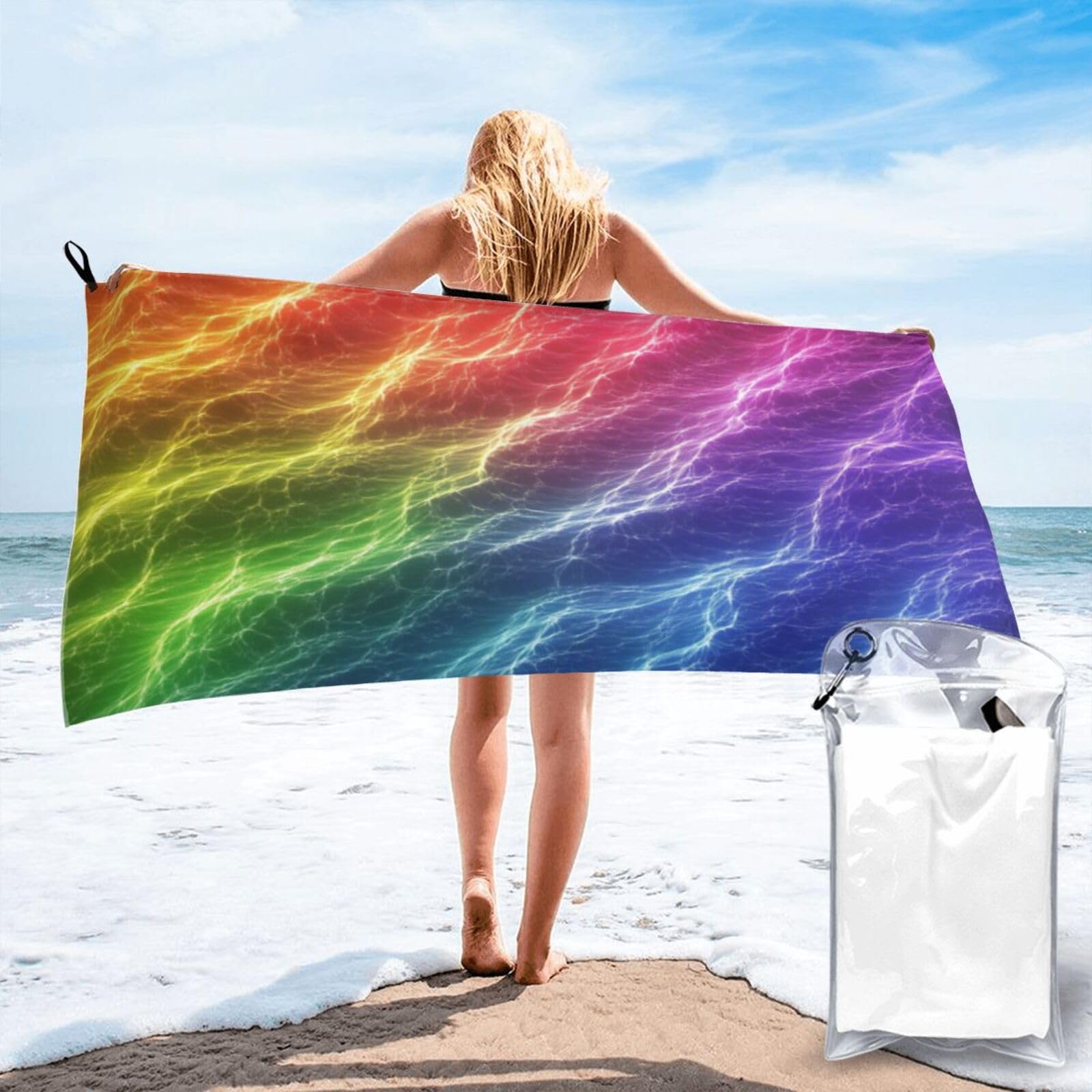 Anceky Vibrant Rainbow Lightning Electrical Pattern Quick Dry Microfiber Travel Towel with Carry Case and Carabiner 31.5"X63"