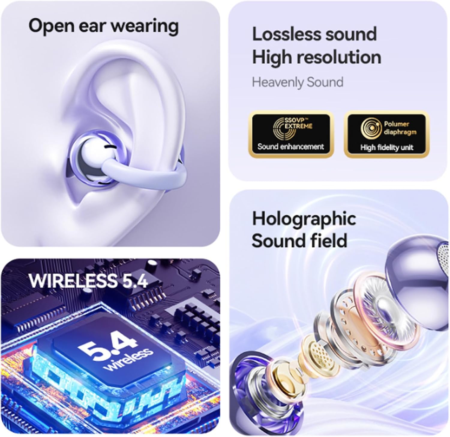 Diagram showing open ear wearing, lossless sound, Bluetooth 5.4, and holographic sound field features of M100 headphones