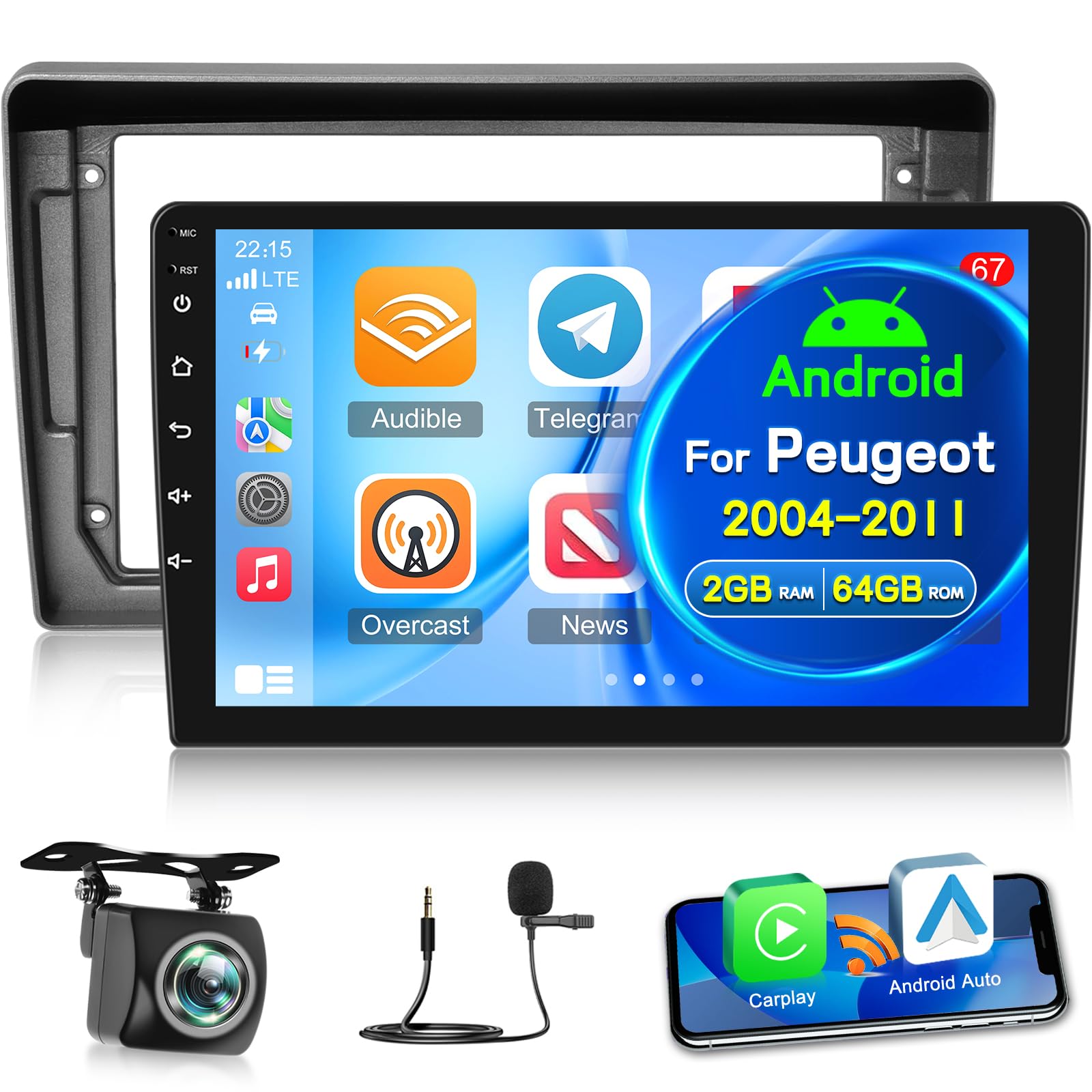 NHOPEEW Autoradio Android 2G+64G pour Peugeot 407 2004-2011 - sans Fil Carplay & Android Auto - Stéréo Android 9 Pouces avec WiFi EQ GPS Mirror Link FM RDS + AHD Caméra de recul&Mic