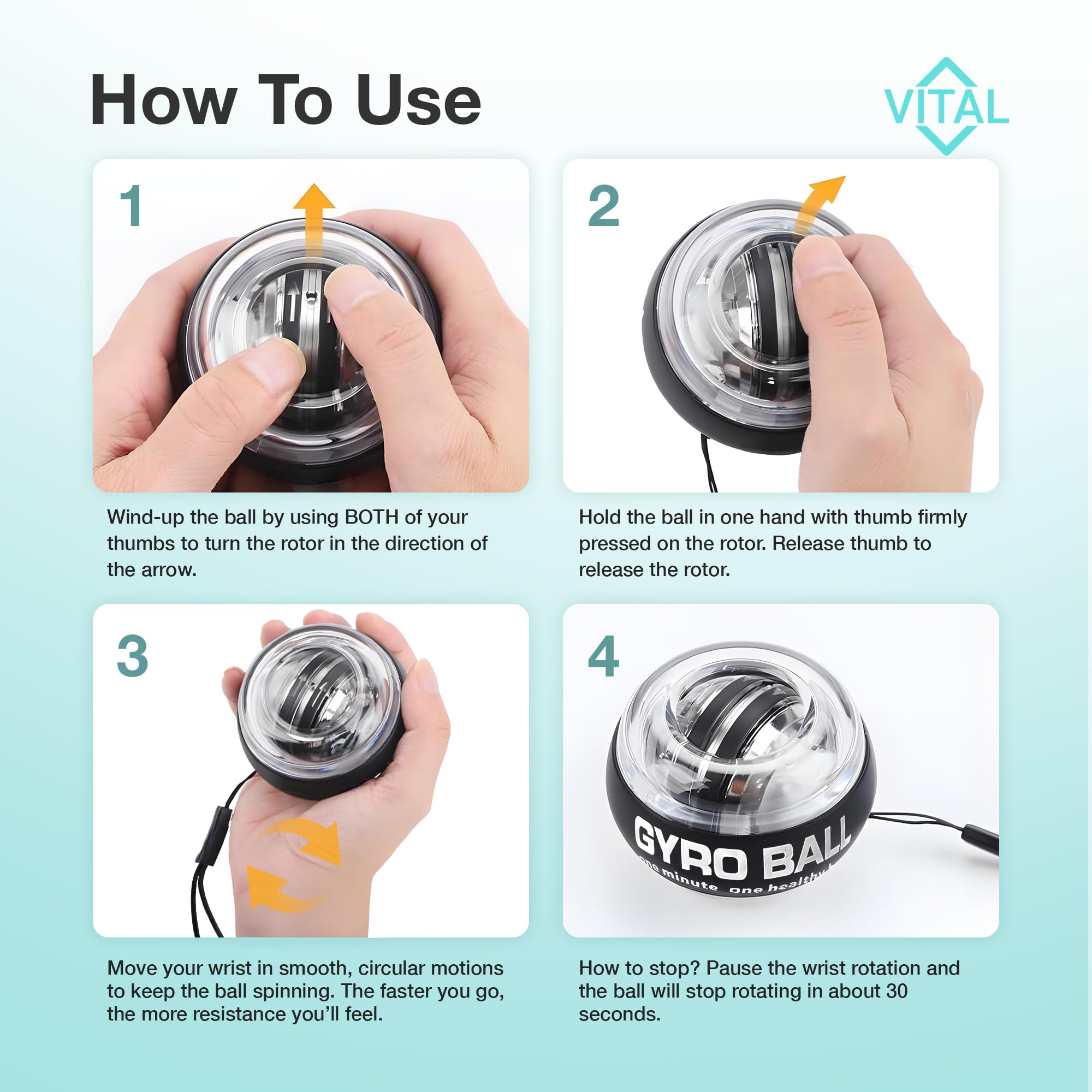 Vital Balle d'exercice pour poignet Gyroscopique pour la main et l'avant-bras avec rotor en zinc pour entraînement de force, exercice de poignet et bras Accessoire de fitness portable