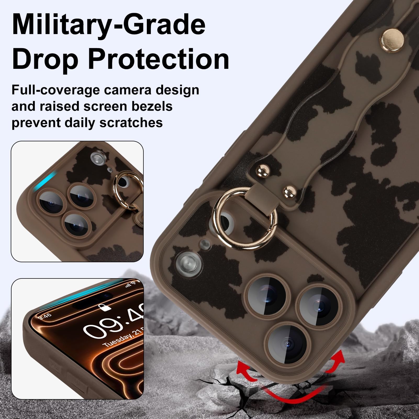 Funda compatible con iPhone 17 Pro Max con correa de mano para el dedo, para niñas y mujeres, bonita y divertida funda de teléfono con soporte para pulsera, funda protectora de silicona