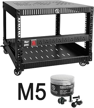 RIVECO 6U Network Rack with Top & Bottom Vented Plates- 4 Rolling Wheels Floor Standing Rack for 19" Equipment & Stereo Gear- Including Basic Rail Mount PDU Power Strip & M5 Screws 50 Sets