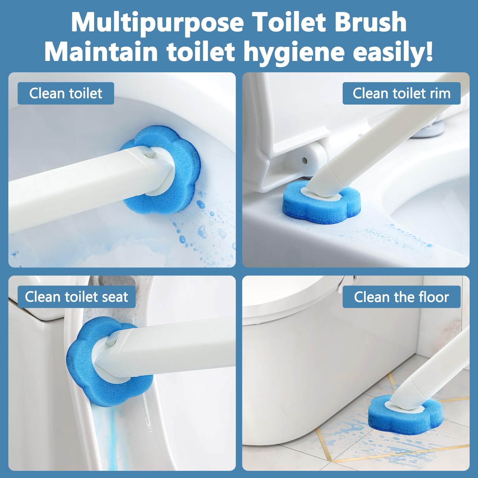 Scopino WC Usa e Getta,Spazzola WC Monouso Set con 48 Ricariche Detergenti,Set da 2 con Scopini per WC con Manico Allungato e Supporto,Scopino per WC con Staffa Adesiva per Pulizia Bagno e WC
