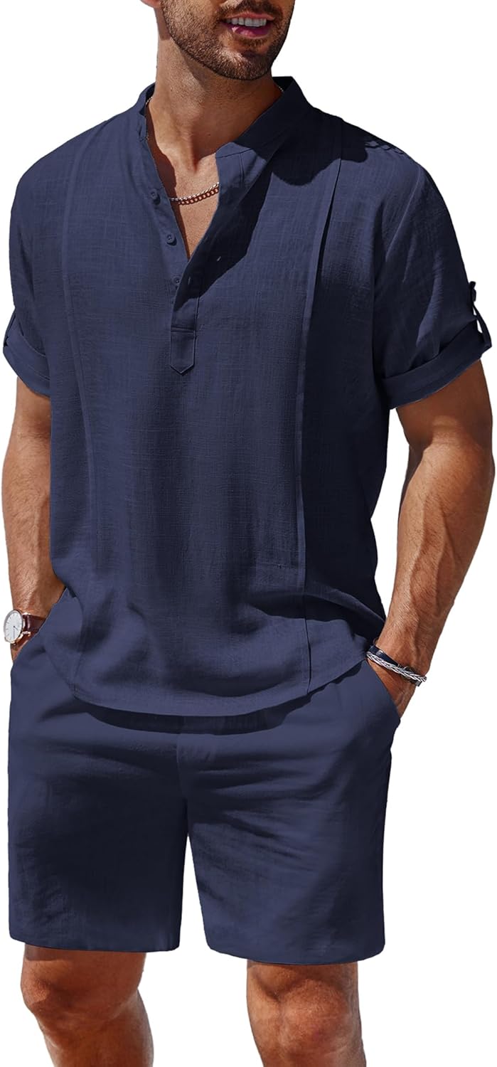COOFANDY Men's 2 Pieces Linen Set Henley Shirt Short Sleeve and Shorts Summer Beach Yoga Matching Outfits