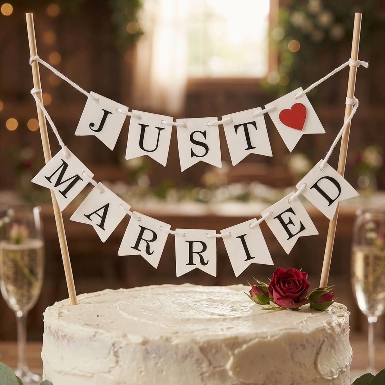 Natural Wood & White Banner Cake Topper for Wedding