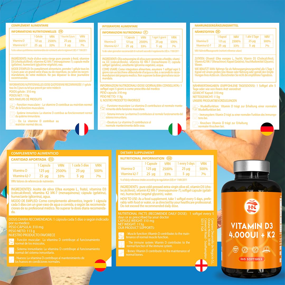 Vitamina D - 365 Cápsulas de vitamina D3 K2 – Vitamina D (4000 UI) altamente concentrada. Favorece la función inmunológica y ósea - 365 cápsulas