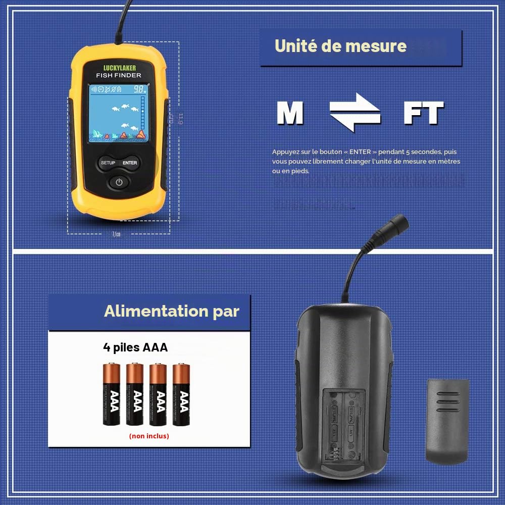 LUCKY Kayak Portatif Sondeur de Poisson Détecteur de Poissons Portatif à Eau Sonar Pouvant être lancé Bateau Kayak Sondeur Transducteur pêche écran LCD FFC1108