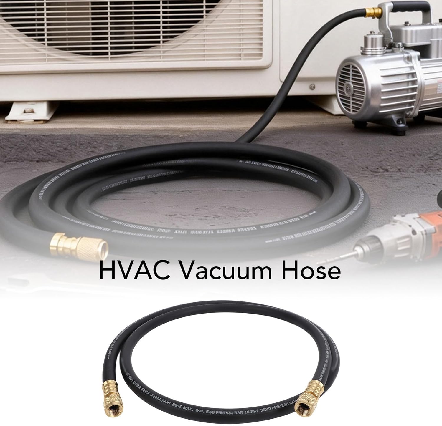 Fafeicy Charging Vacuum Hose, 6ft Reinforced HVAC Vacuum Hose with Leak Proof 3/8in Fitting 640PSI Max Working Pressure and Brass Fitting for Refrigeration Technicians