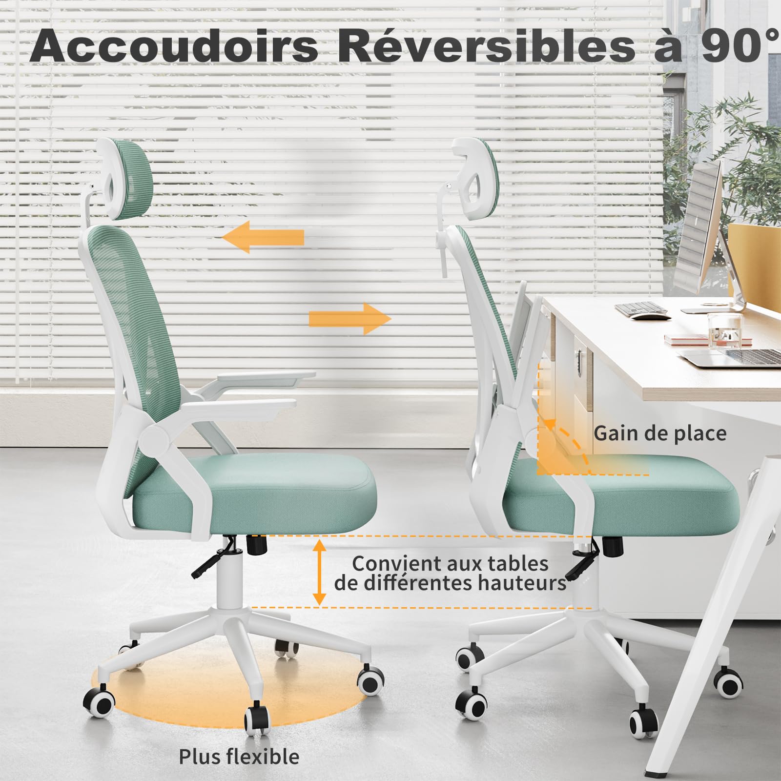 naspaluro Chaise de Bureau Ergonomique avec Accoudoirs Rabattables à 90° (avec Appui-tête, Blanc- Vert)