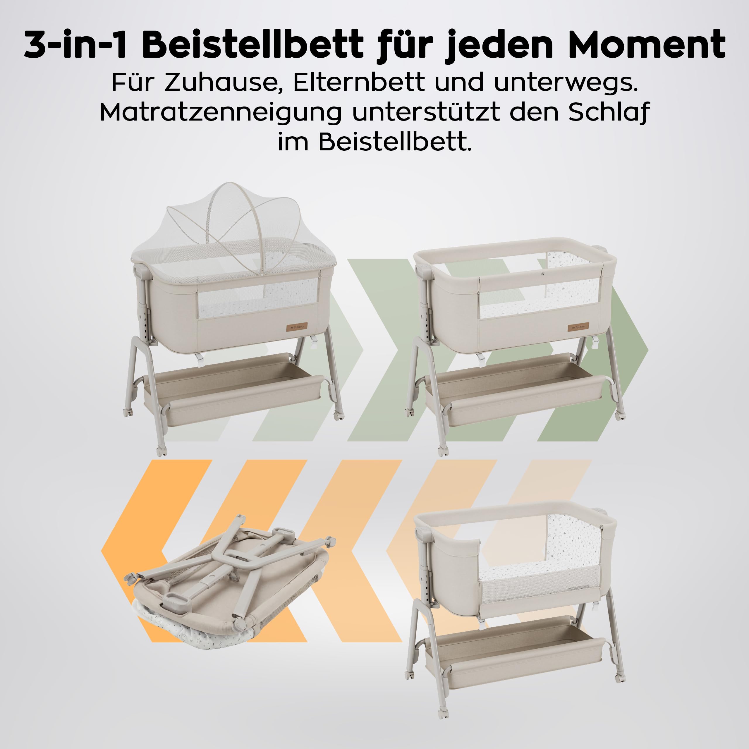 TULANO Dream 50 3in1 Beistellbett Baby mit Rollen - Babybett - Reisebett | mit matratze - höhenverstellbar - bis 9kg - Neigbare Liegefläche - Mit Moskitonetz und Aufbewahrungskorb - Beige