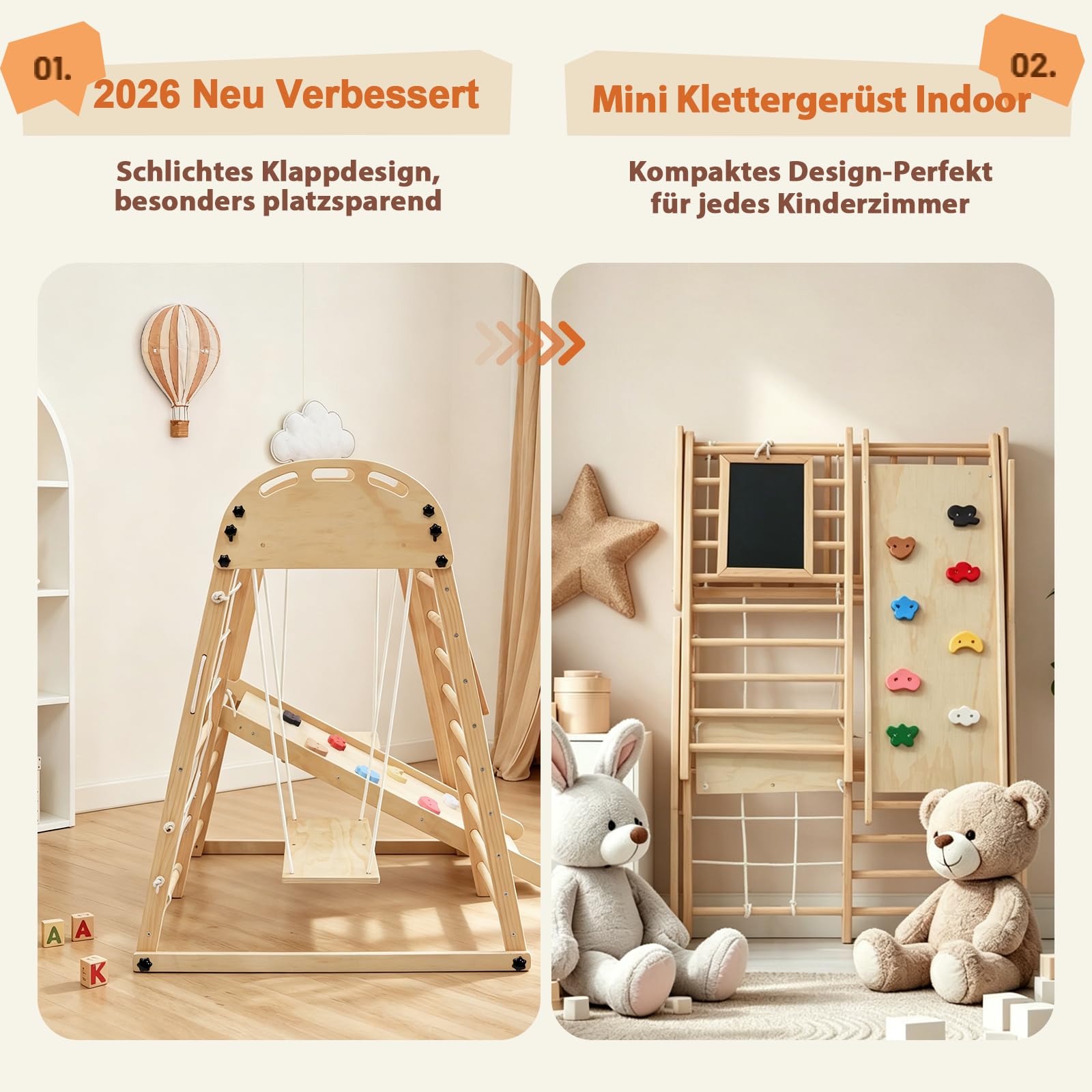 Klettergerüst Indoor ab 1 Jahr Mini&Klappbar 10 in 1 Montessori Indoor Spielplatz Kinder – Kletterturm aus Holz mit Tafel, Rutsche, Kletterwand, Kletternetz, Schaukel & Schwebendes Balancierholz