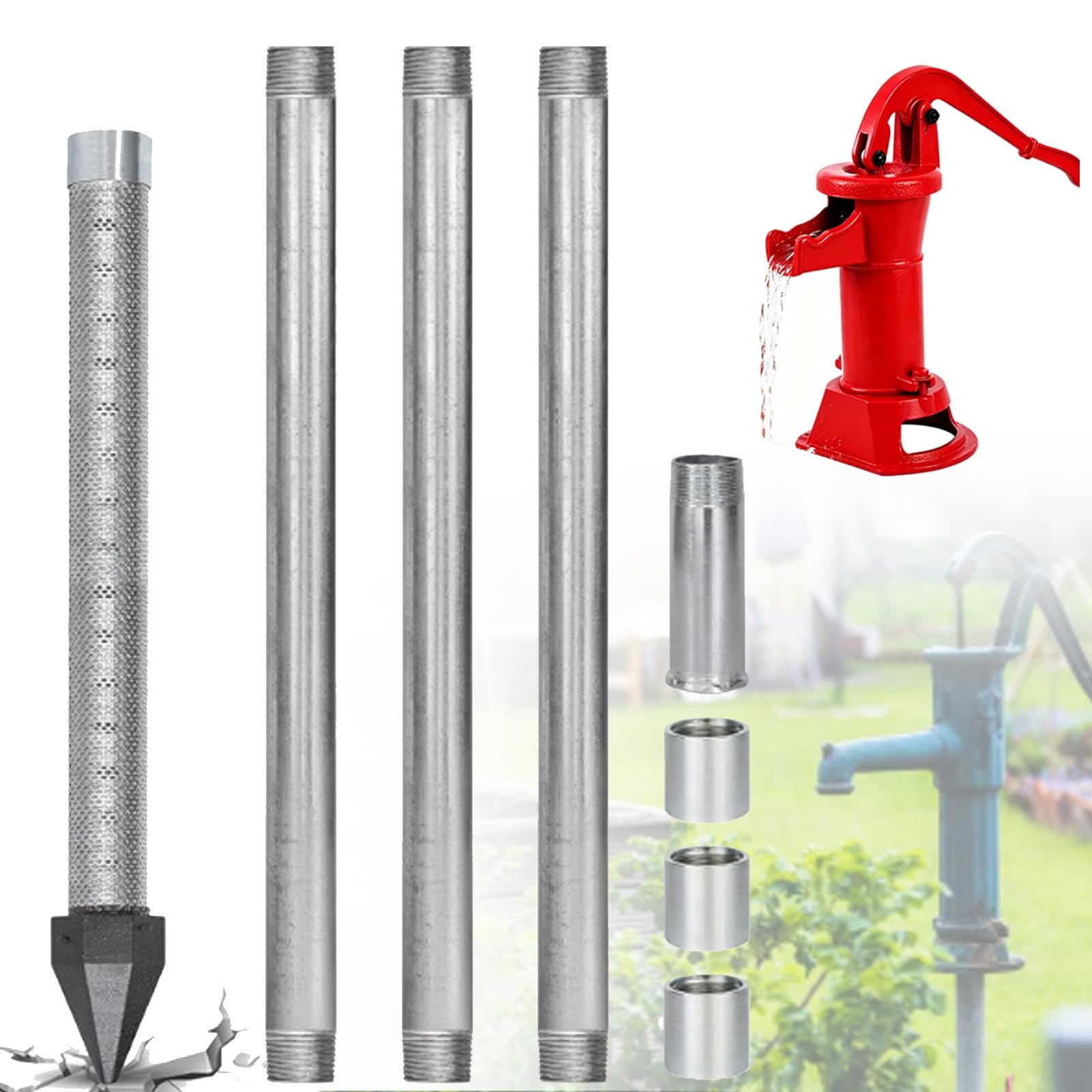 ZyKnaurral 1-1/4 Inch Sand Point Well Kit, Water Well Drilling Kit with Drive Point, 60 Gauze Mesh, Galvanized Extension Pipes and Drive Cap, Cost-Effective DIY Water Source 4M-WithWaterPump