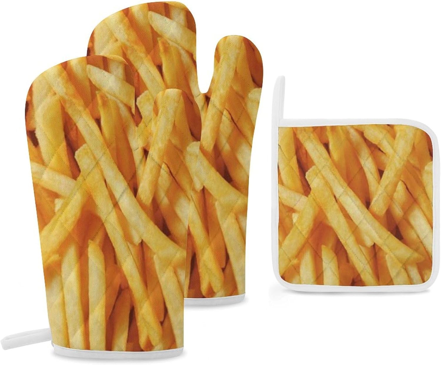 Frying French Fries Print Oven Mitts and Pot Holders 3 Piece Sets Heat Resistant Gloves Hot Pads Potholders for Kitchen Baking Cooking