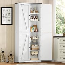 TEENFON 170cm Tall Kitchen Cupboard with 4 Barn Doors,Freestanding Pantry Cabinet with Anti-Tipping Device & Adjustable Shelves,Storage Sideboard for Kitchen,Dining Room,Bathroom,60x30x170cm,White