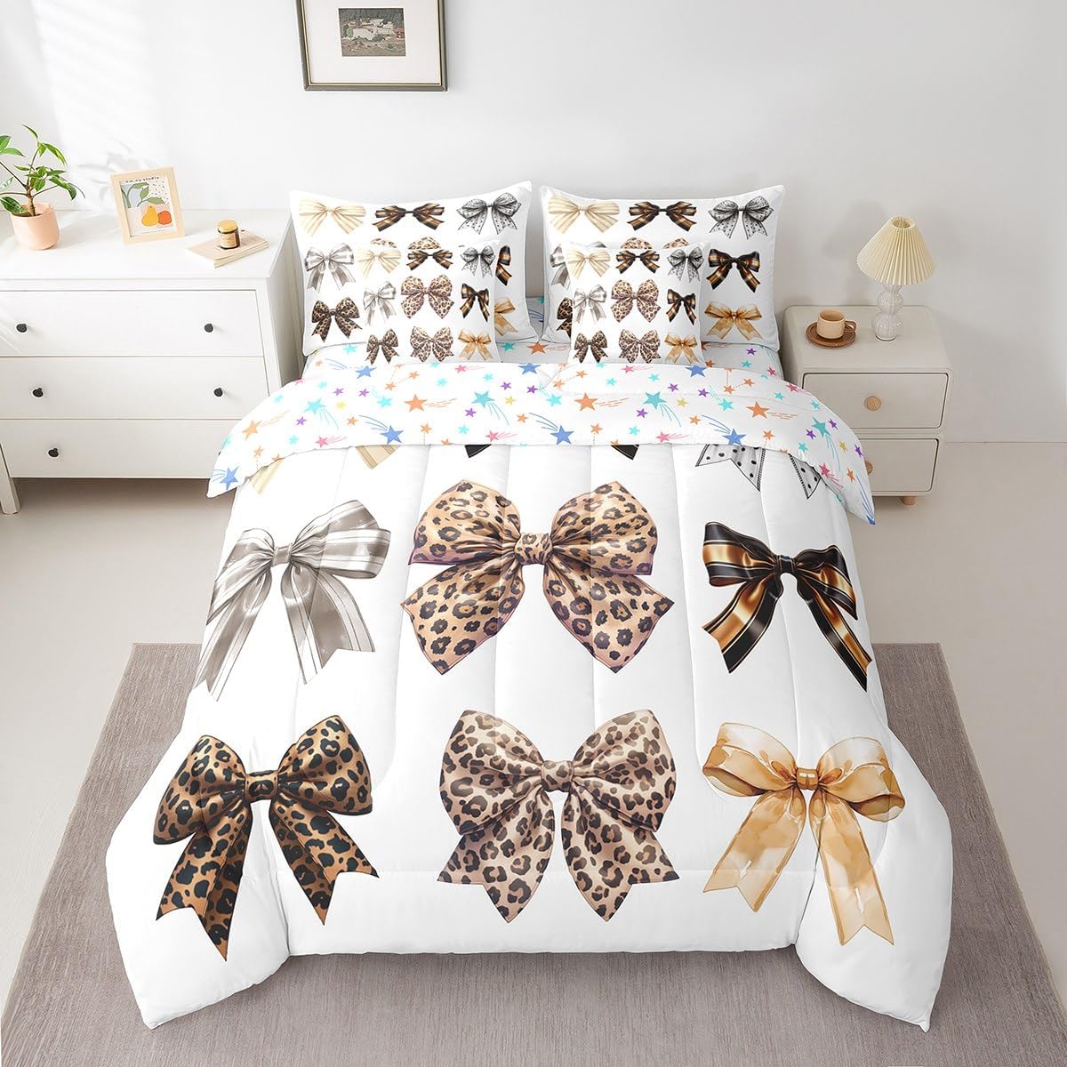 7 Pcs Cartoon Alphabet Kids Comforter Twin,Cute Pig Zebra Lion Duck Animals Girls Boys Bedding Set,Geometric Dots Star Stripe Colorful Chic（Comforter+Fitted+Sheet+2 Pillowcases+2 Throw Pillow Covers）