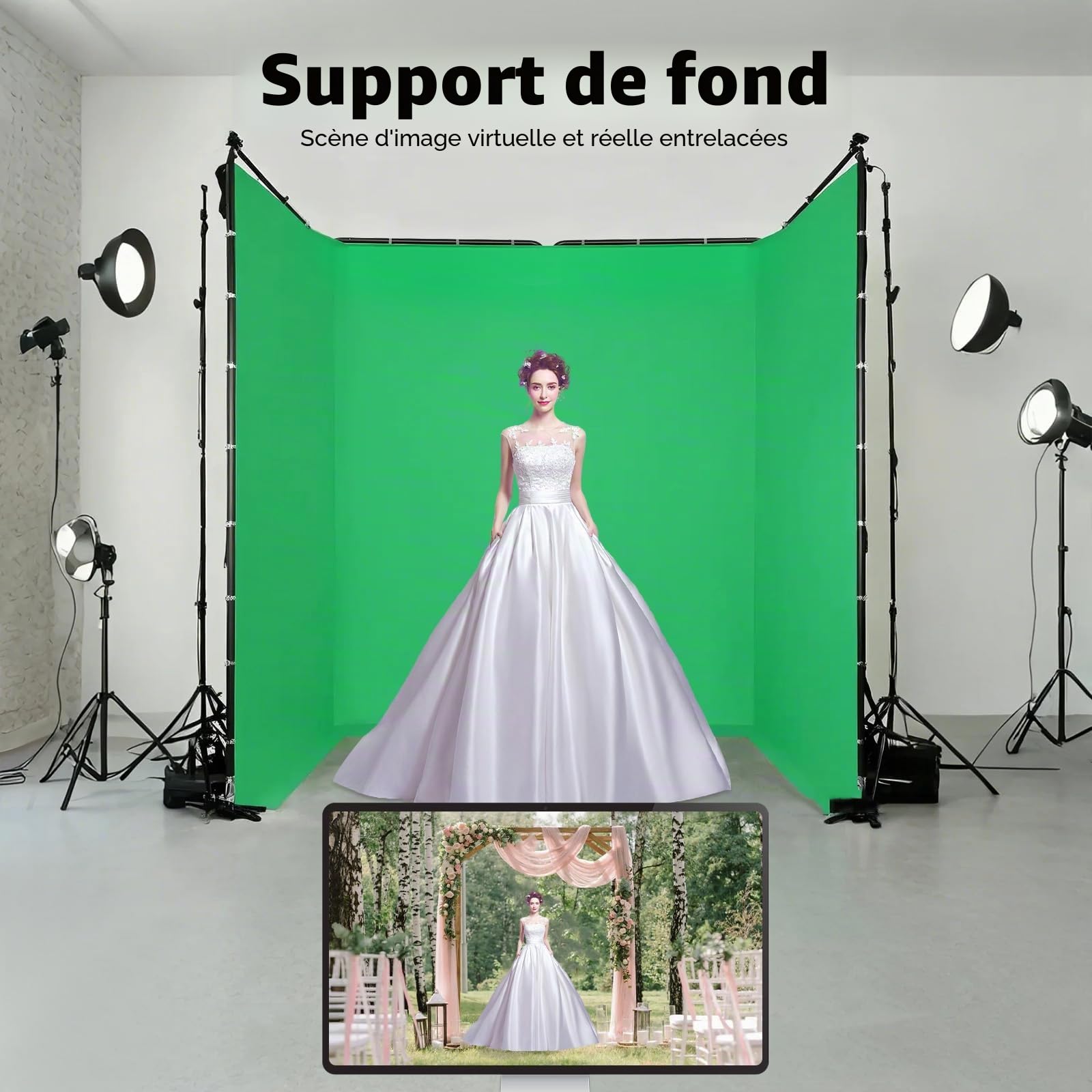 Fond Vert Professionnel 4 x 2.4 m, Fond Vert avec Support Réglable et Tissu, Kit Photo Pliable, Toile de Fond avec Sac de Transport, pour la Photographie, l'enregistrement Vidéo