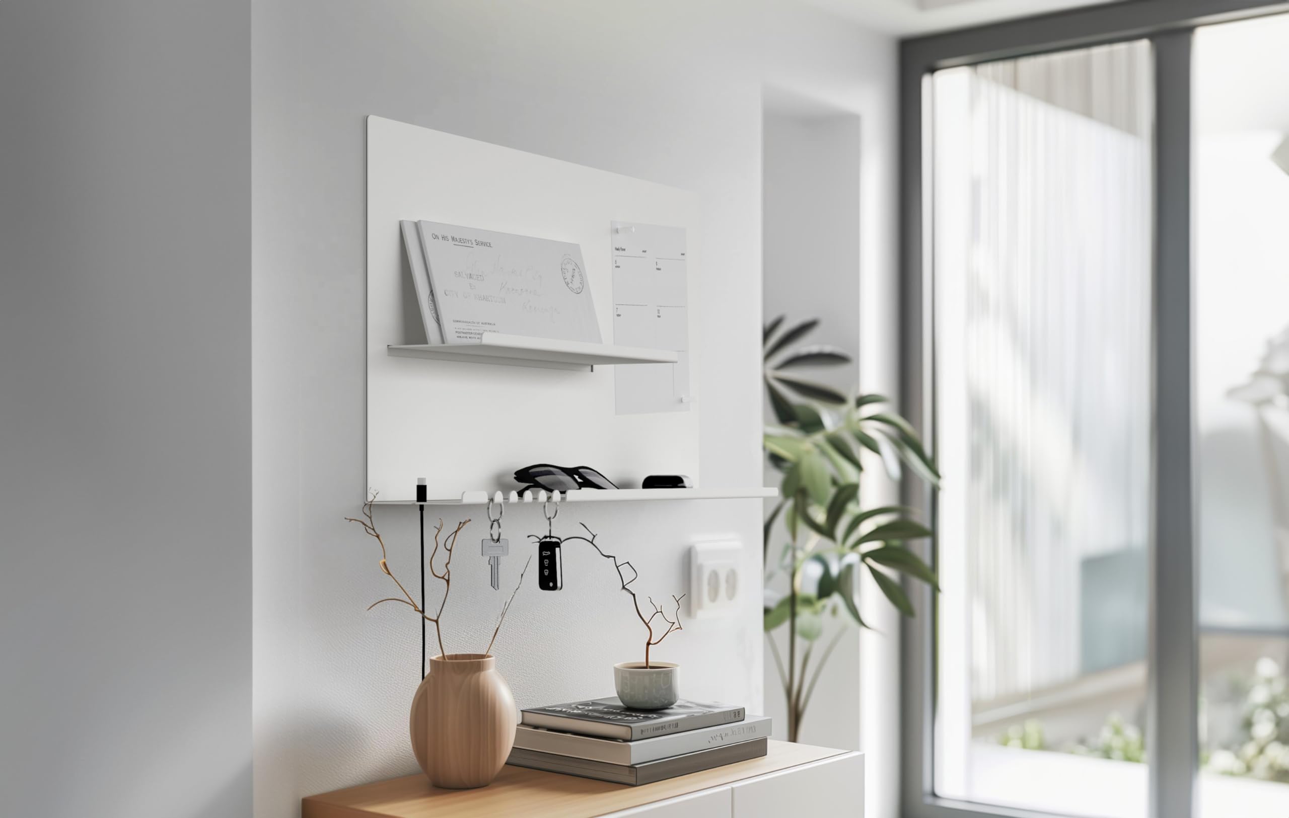byde Organizer Ścienny Hebe Wykonany z Metalu 49 x 9 x 30 cm Półka Ścienna 3 w 1 z Tablicą Magnetyczną i Magnesami. Organizer na Klucze i Notatki. Montaż na Ścianie z Szablonem Montażowym. Kolor Biały