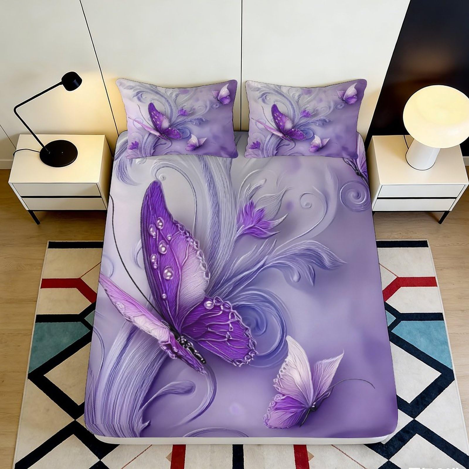 3D Printed Purple Butterfly Fitted Sheet Microfiber Deep Pocket Bedroom Bedding Purple Butterfly Mattress Fitted Cover Non-Slip Elastic Hem Washable for Adult Teen 200x200x25cm
