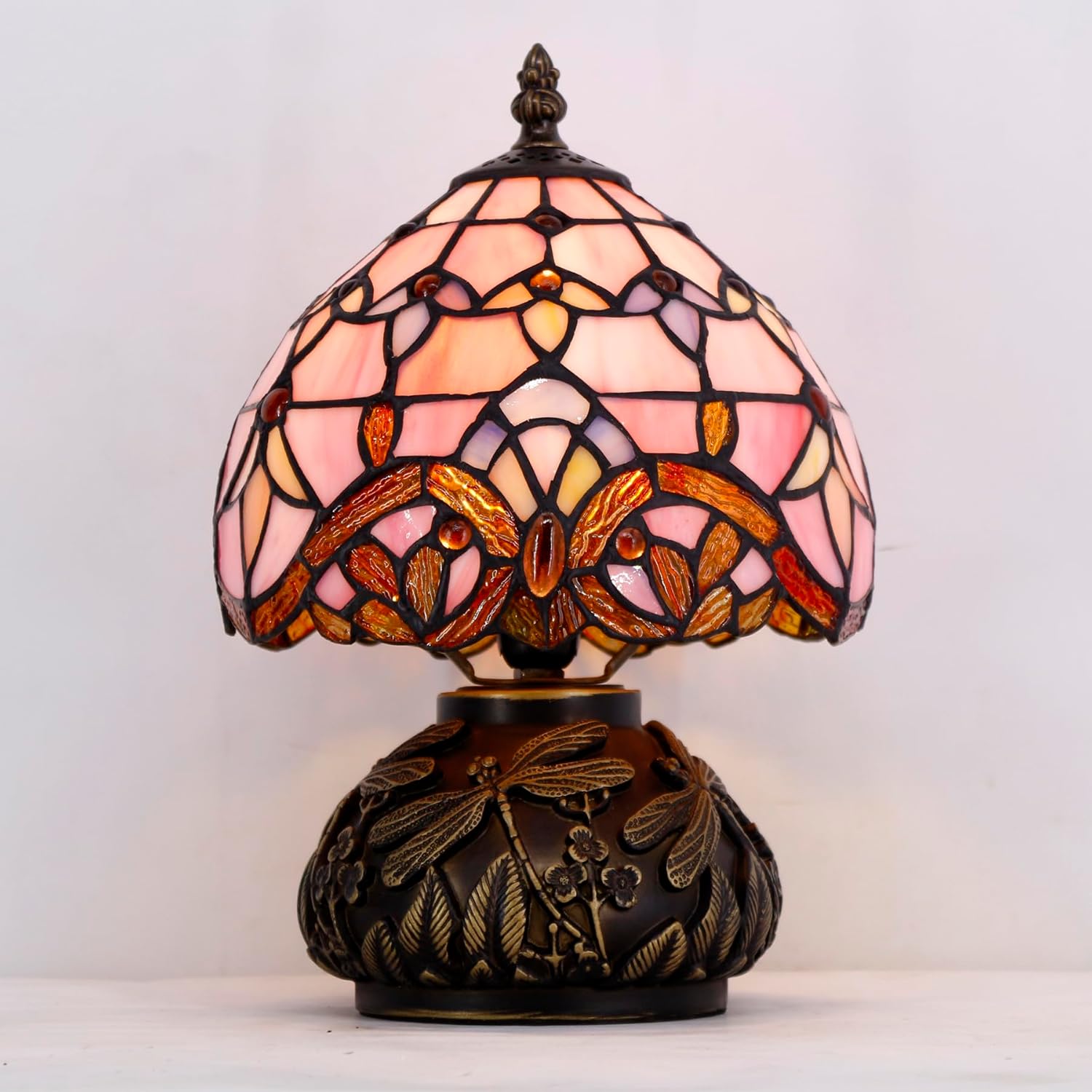 WERFACTORY Small Tiffany Lamp Desk Pink Stained Glass Baroque Mushroom Table Lamp Bronze Mini Accent Lamp W8H11 Inch S003P Series