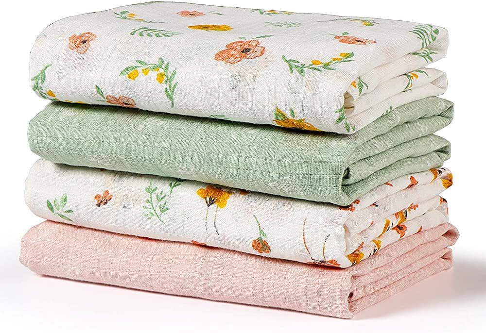 Softan Muslin Swaddle Blankets for Baby Girls & Boys Gift, Large 47X47 inches Receiving Blankets for Newborn, Infant Swaddle Wrap Blanket Set Soft Silky & Breathable, 4 Pack Green Floral