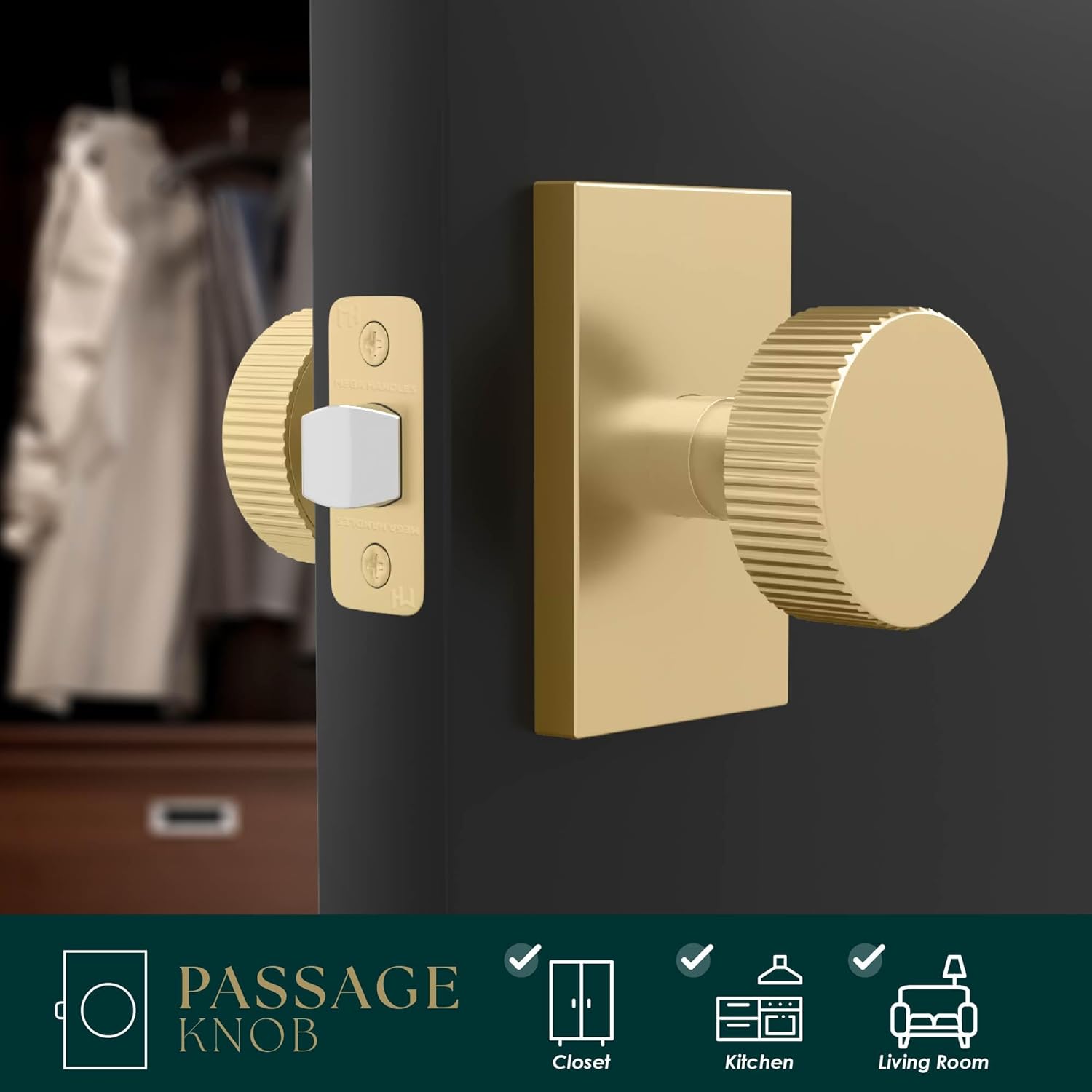 Mega Handles Ribba Passage Door Handle - 1 Pack Reversible Gold Door Handle, Heavy Duty No Lock Door Handles Interior for Closet & Hallway, Fits All Standard Door Sizes - Satin Brass
