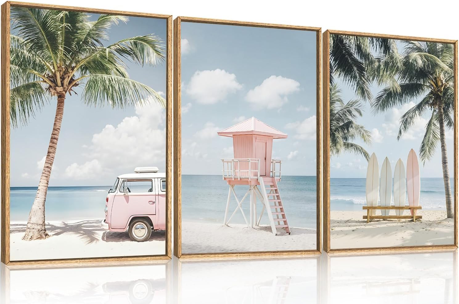 TOARTi Pastell Rosa Palme Leinwanddrucke Tropische Surfbrett Sommer Dekor Gerahmte Strand Wandbilder 3er Set Modern Tropische Wanddekoration mit Bulli für Wohnzimmer Schlafzimmer Badezimmer 30x40CM