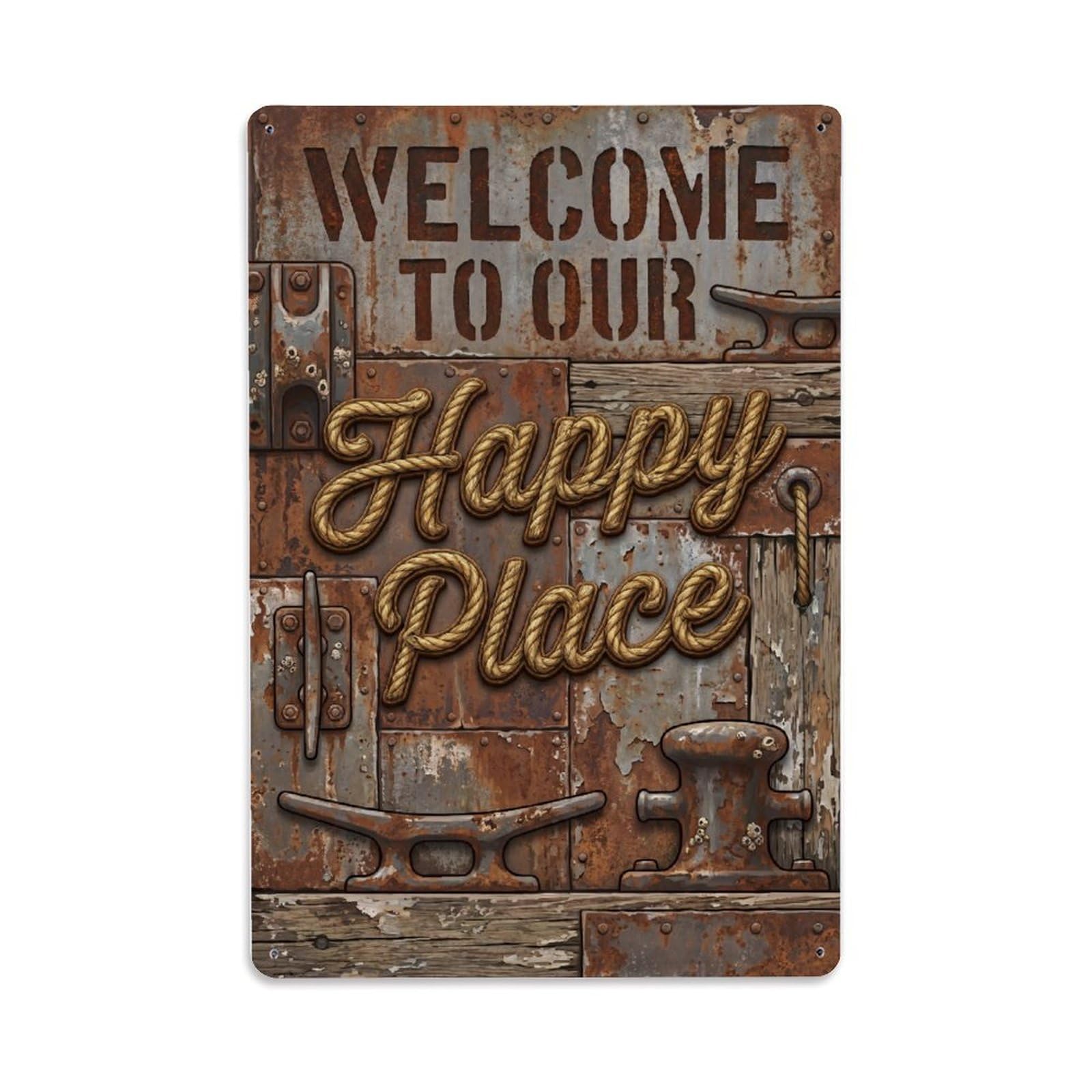 Fqnyr Style Welcome To Our Happy Place Vintage Chock Wharf Metal Tin Sign Plaque Wall Decor For Cafe, Club Bar, Office, Home Garden Metal Poster 8X12inch