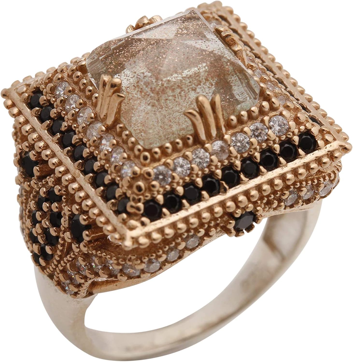 Turkish Handmade Jewelry Square Shape Glitter Brown Shiny Quartz and Round Cut Black Onyx Topaz 925 Sterling Silver Ring All Sizes Available