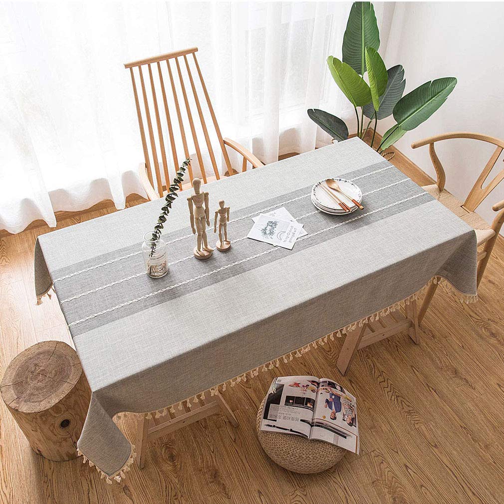 Square Tablecloth Cotton Linen Washable Tassel Table cloth Wrinkle Free Dust-Proof for Kitchen Dinning Party Tabletop Decoration(Gray Stripe,55 x 55 inch)