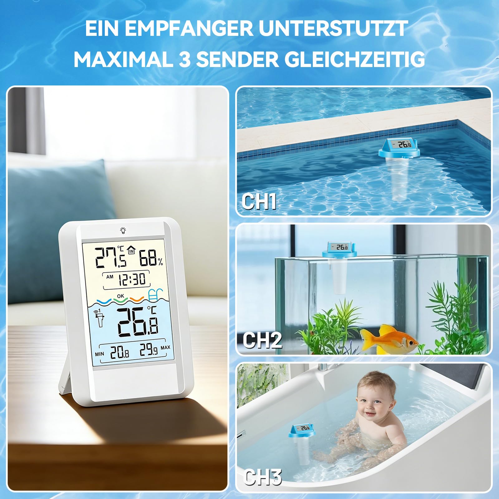 Warmfay Termometro digitale per piscina, funzionamento a energia solare e batteria, IP68, impermeabile con ricevitore fino a 70 m, termometro radio per piscina, vasca da bagno, stagno spa