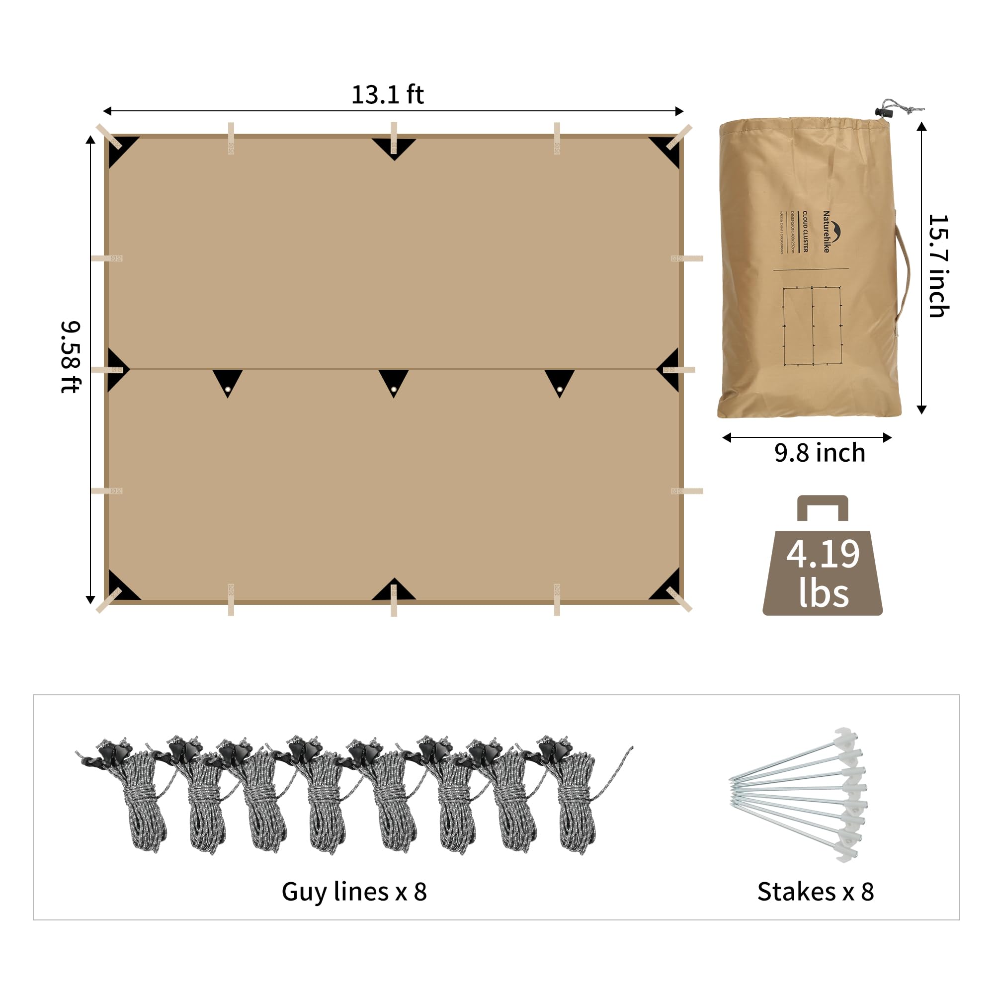 Naturehike 13.1 x 9.58 ft Waterproof Camping Tarp, Ultralight Backpacking Tarp, Multifunctional Hammock Rain Shelter for Camping, UV Protection Sun Shelter Rain Fly Tent Tarp