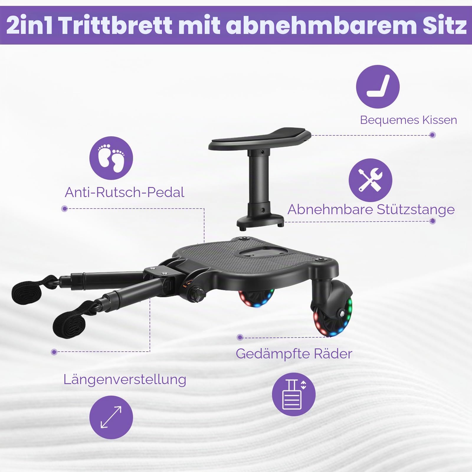 Buggy Board mit LED-Blitzräder, Trittbrett Mitfahrbrett Universal mit Sitz, Kiddy Board für 2-6 Jahre alte Kinder(Belastung 25 kg), Buggy Board für alle Kinderwagen