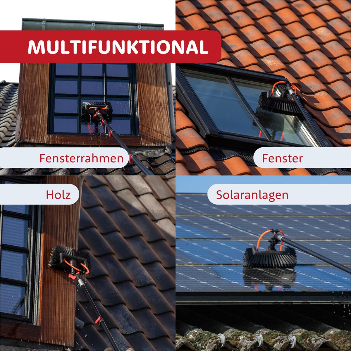 Aquascopic Aluminium Teleskopstange mit Solarpanel-Bürste & 5-Flächenbürste - Fensterputzer längenverstellbar - Bis zu 10m - Profi Fensterreiniger für Fenster, Fassaden & Solaranlagen