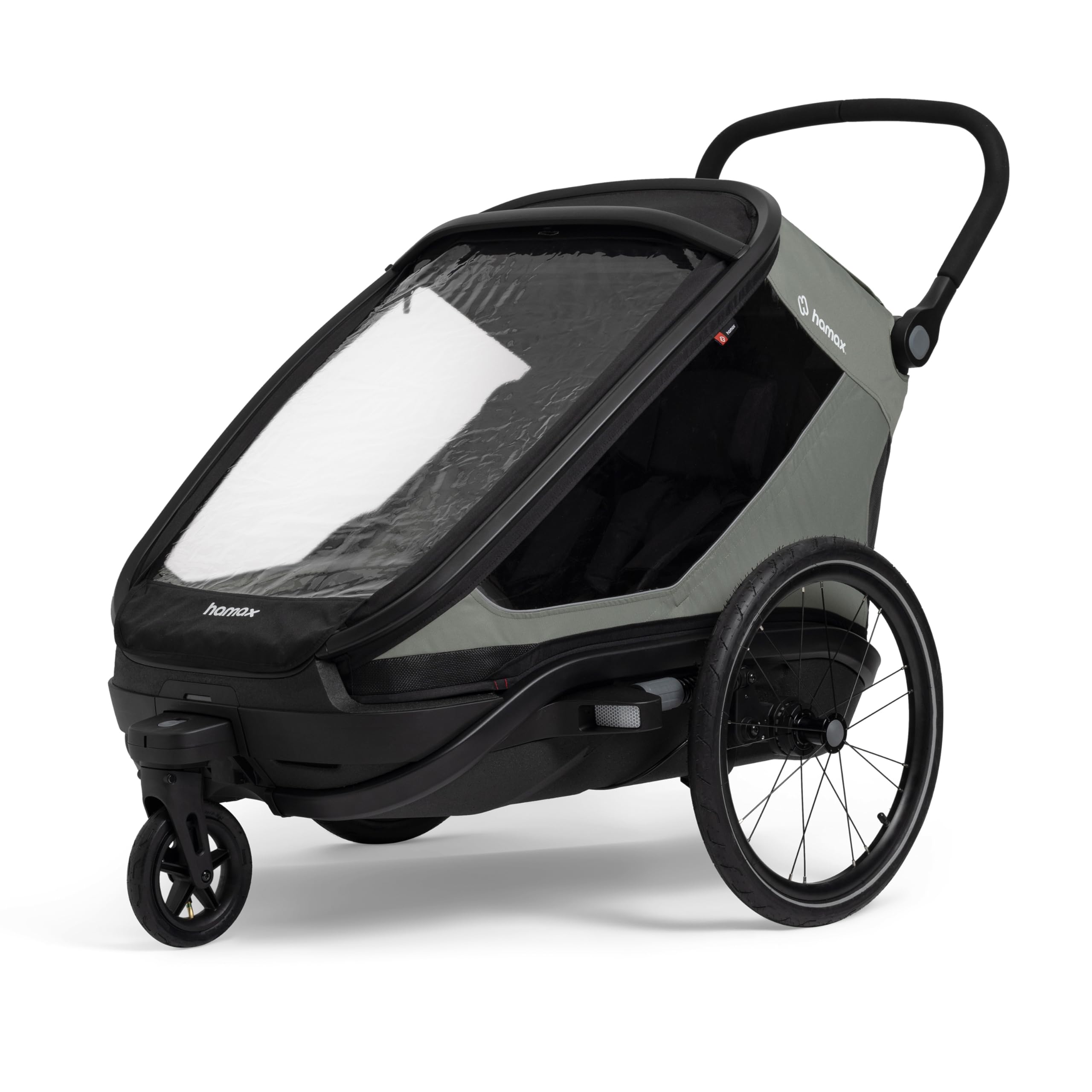 Hamax - Remorque Vélo Enfant 2 Places Outback Next Vert/Noir - Sièges Inclinables 4 Positions, Suspension Intégrale, Pliable, Fonction Poussette & Attelage Intelligent - 40 kg