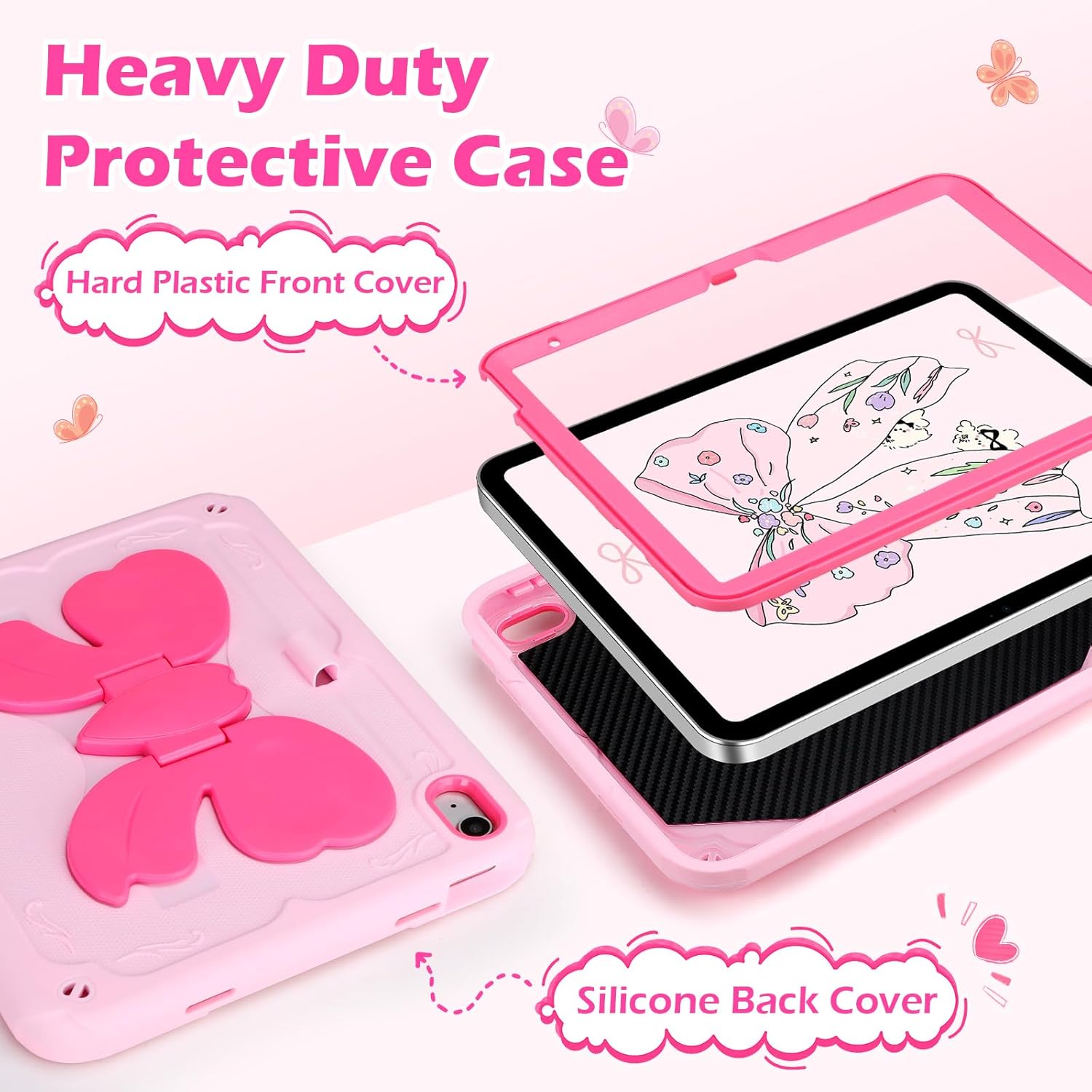 VOFUOE for iPad A16 Case 11th Generation 2025 11 Inch, for iPad 10th Generation Case 2022 10.9 Inch for Kids Girls with Sweet Bow Stand Shoulder Strap Pencil Holder Hard Cover-Pink &Hot Pink Bow