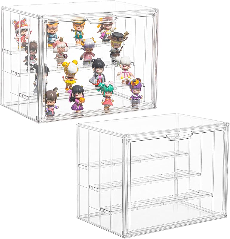 4 Layer Stackable Acrylic Figure Case for Collectibles Display Box,2 Pack | Removable Adjustable Partitions & Magnetic Door,Interlocking Stable Design,Dustproof Cover for Figurine Storage