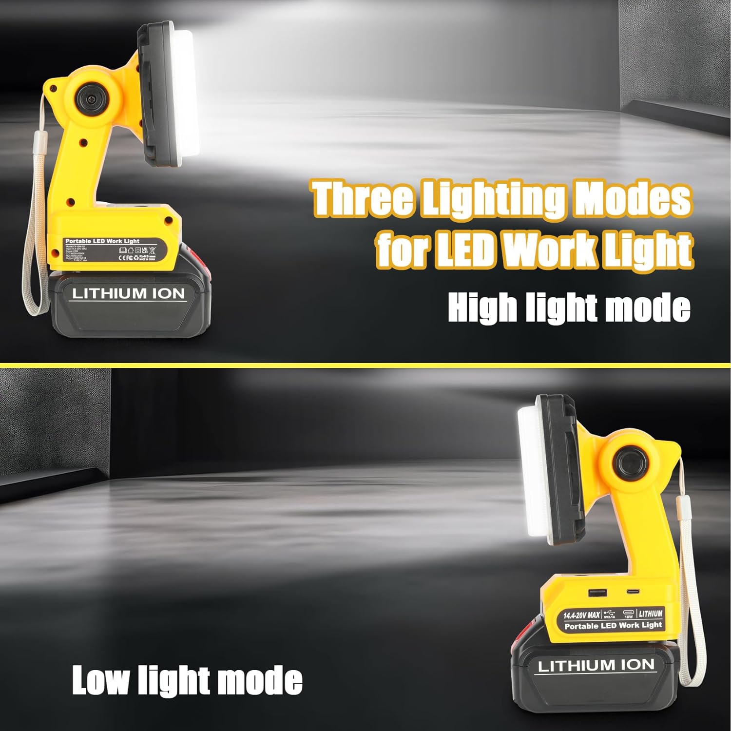 Work Light Compatible for Dewalt 20V Battery, Portable Flood Light 25W 1500 Lumens, Suitable for Workshops and Outdoors, Cordless Jobsite Flashlight with USB Type-C Charging Port