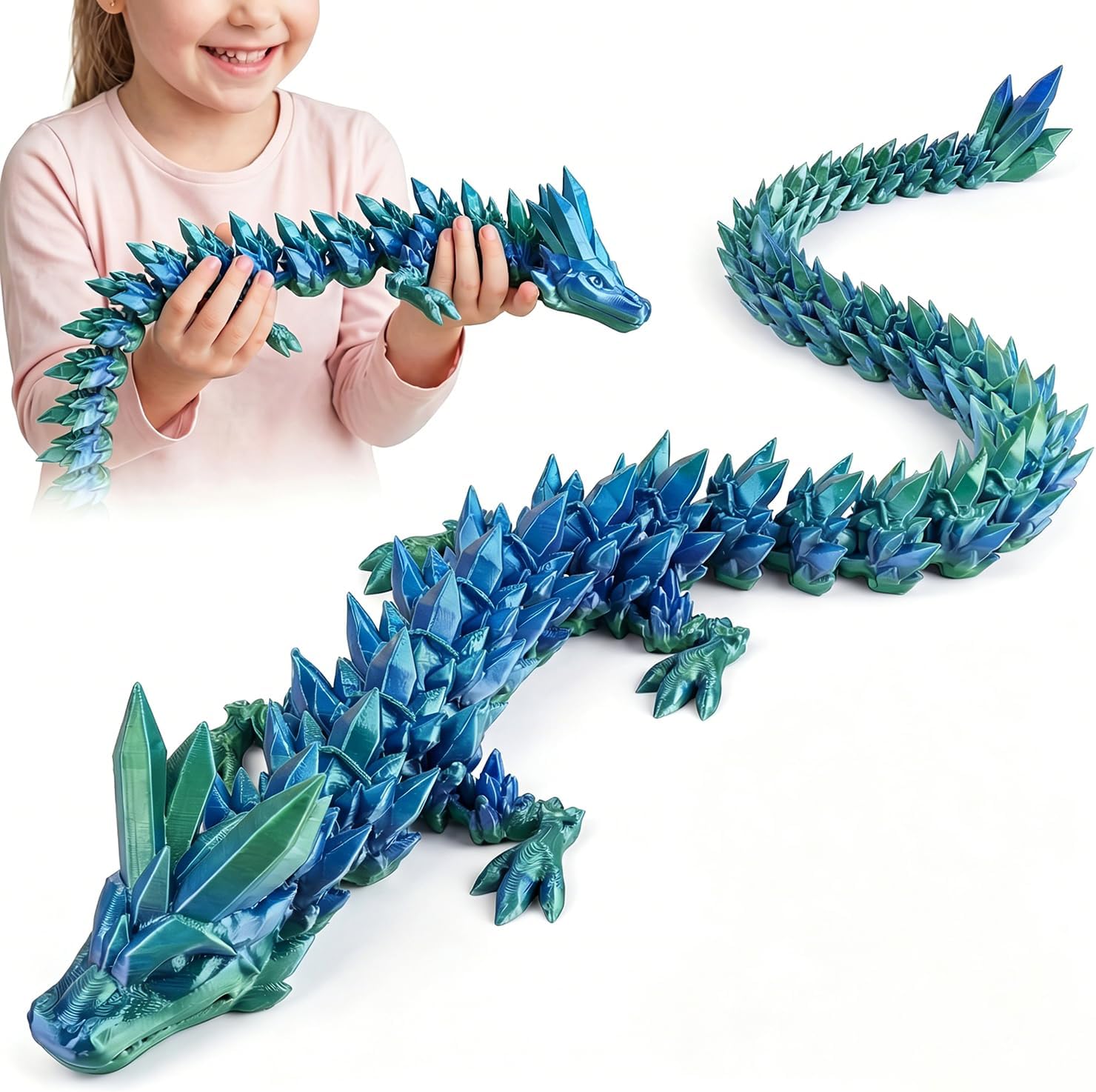 24" Large 3D Printed Dragon: Giant Flexible Articulated Fidget Animals Toy- Big 4D Crystal Dragon for Home Office Desk Decor, Cool Toy for Adults & Kids, Unique Dragon Collectible Gift