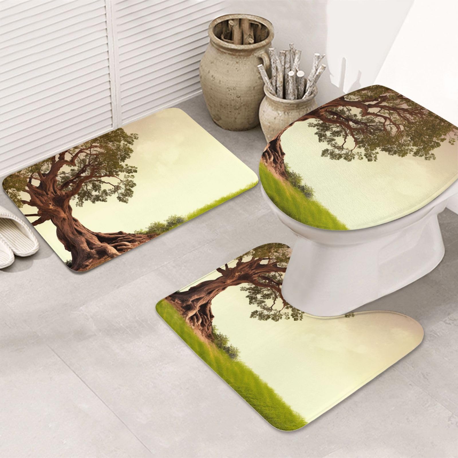 Tapis de salle de bain antidérapant lot de 3 lavable motif arbre branches confort ultra doux