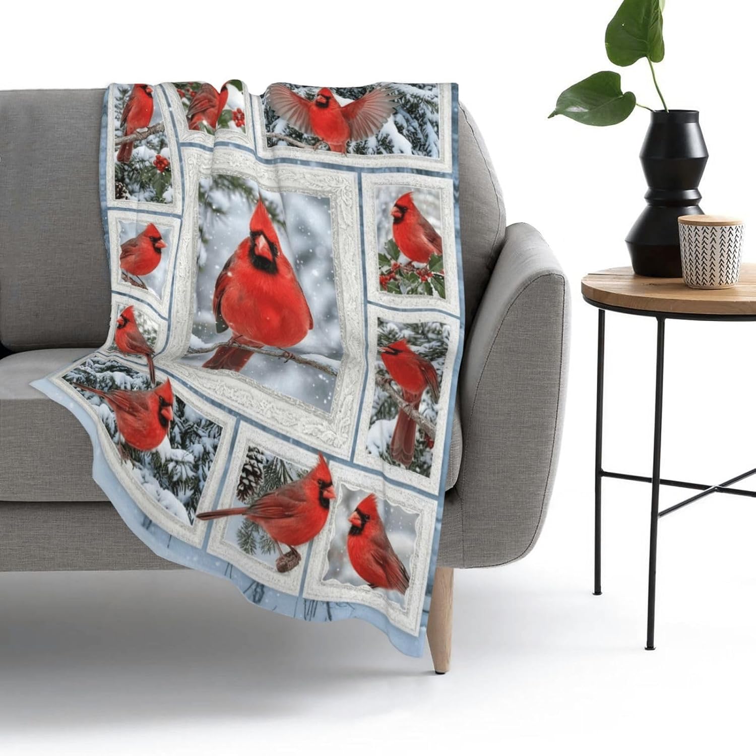 Red Cardinal Winter Fleece Blanket, Soft Flannel Throw with Framed Snow Scene Portraits, Warm Cozy Cover for Sofa Bedroom Holiday Decor - 50"x40"